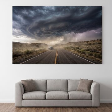 Storm chaser car driving on open road towards massive supercell and lightning under dramatic clouds