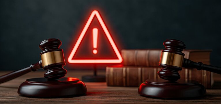 In a legal office setting, a glowing warning sign highlights regulatory updates alongside a gavel and law books.