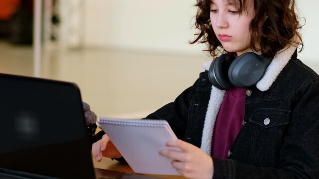 Teen girl in warm denim jacket working on computer at school desk, using internet and headphones for digital learning, concept online education for teenagers.