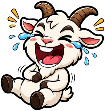 The little goat laughs hilariously like in a comic.