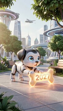 Futuristic Robot Dog Walking in Smart City Park.