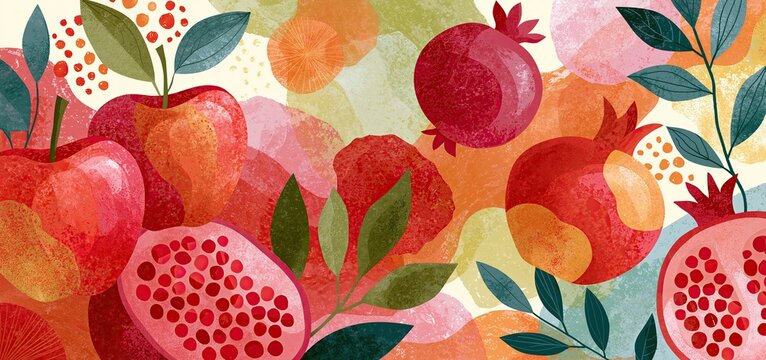 Colorful abstract background with stylized apples and pomegranates for Jewish New Year holiday greetings.