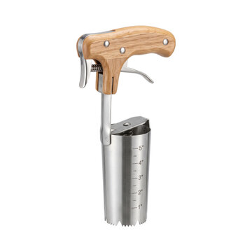 Ergonomic garden tool with wooden handle for planting bulbs and seedlings
