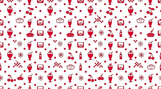 Red and white seamless pattern with retro diner and dessert icons