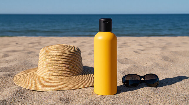 Yellow sunscreen bottle with straw hat and sunglasses on beach sand  
