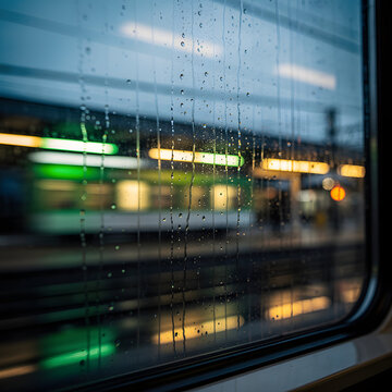 Rainy train window view of urban cityscape at night. Blurred nighttime lights through wet glass with motion effect.