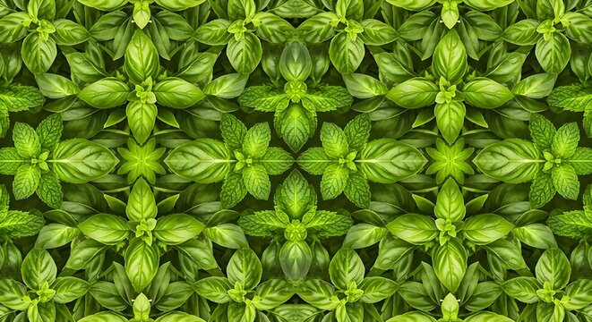 Green Basil Leaves Pattern, Abstract Geometric Design, Fresh Herb Background