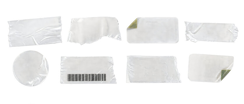 Assortment of clear plastic stickers and tape pieces with various shapes and textures, isolated on transparent background, modern design elements for layering.