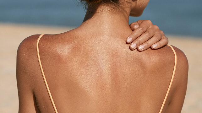 Young woman relaxing at beach with hand on shoulder and ocean view  