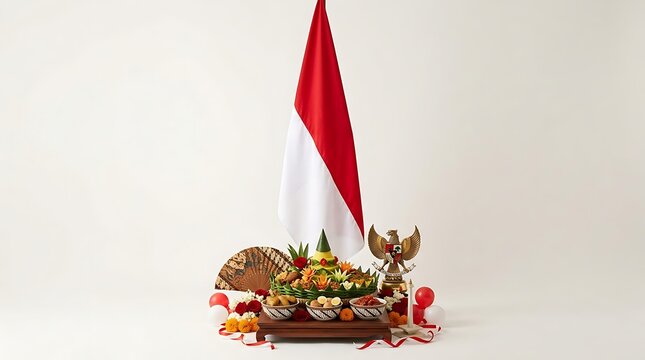 Indonesian flag and traditional tumpeng rice for independence day