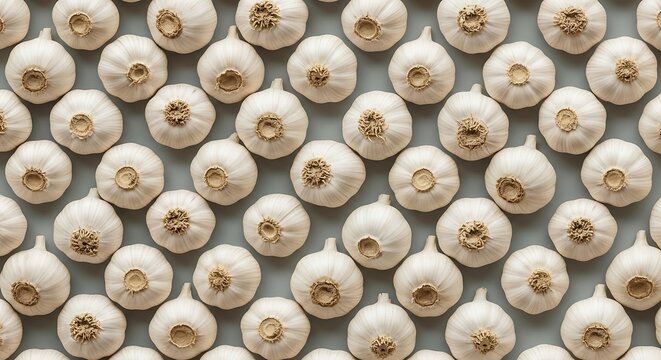 Garlic bulbs arranged in a repeating pattern on a grey background, top view