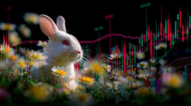 Whimsical easter rabbit in a blooming meadow scene. Financial charts. Bunny surrounded by easter eggs, butterflies in a vibrant meadow. Portfolio growth. Digital currency.