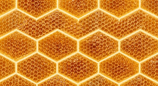 Golden Honeycomb Hexagon Pattern Close-up Macro View, Natural Sweet Food Texture