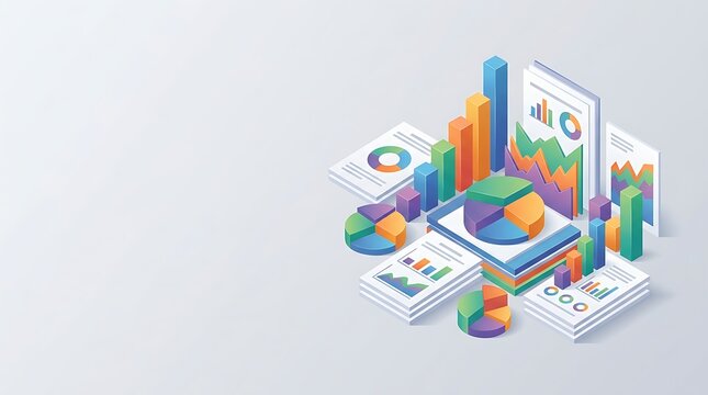 Business data visualization with isometric charts and financial reports