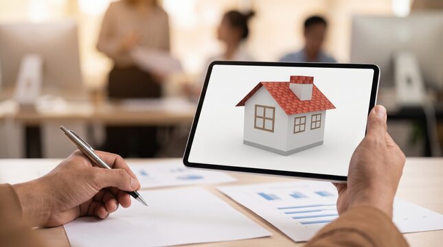 Real estate agent holding tablet with 3D house model, analyzing property investment charts on desk, modern office with colleagues, home buying, digital mortgage application process