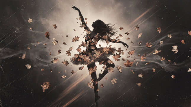 Surreal silhouette of a leaping ballerina transforming into falling autumn leaves with dynamic light rays