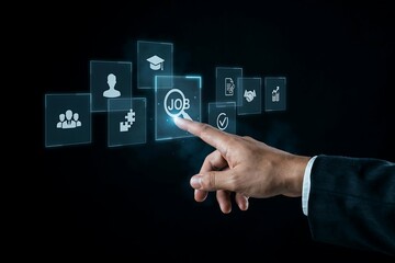 Obraz premium Finger points to a glowing job icon on a digital display surrounded by other business-related icons.