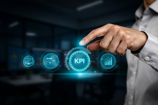 Businessman's finger touches a glowing kpi button, signifying key performance indicators for business success and growth measurement.
