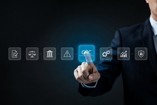 Finger presses a glowing 'grc' icon surrounded by other icons for governance, risk, and compliance management.
