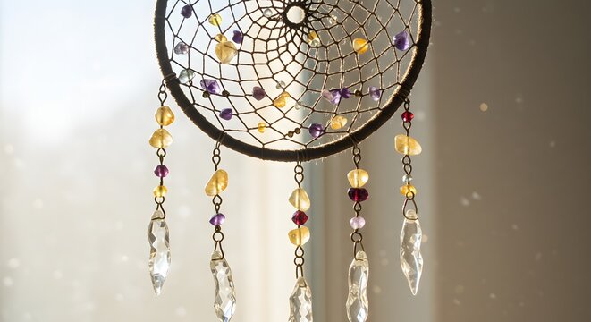 Beautiful handmade dreamcatcher with natural healing crystals and beads hanging near a window