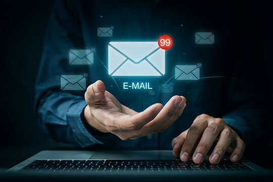 Man displays an inbox icon with a notification count of 99+, representing many unread emails.