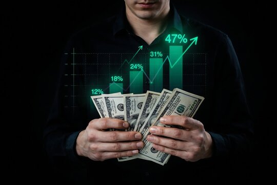 Man holds a fan of us dollar bills, with a rising green bar graph showing significant financial growth.