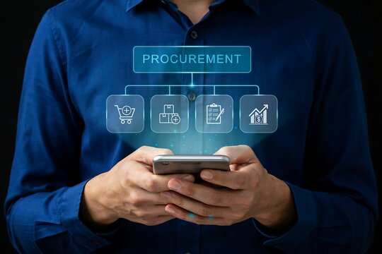 Man holds a phone displaying a 'procurement' button connected to icons for shopping, goods, documents, and growth charts.