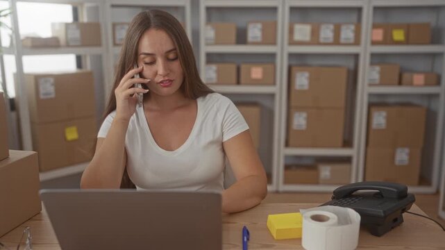Woman holds phone to ear while working on laptop and packing parcels among stacked boxes in a storage building; focused small business.