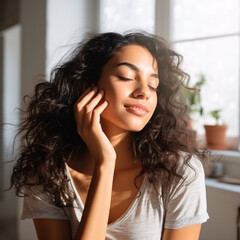 Fototapeta premium Young woman with curly hair smiling naturally in a sunlit room surrounded by plants, enjoying a moment of relaxation and tranquility indoors