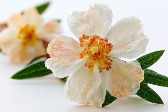 Close-up study of labdanum gum rockrose blossoms with a pure white backdrop