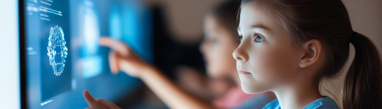 A young girl immersed in interactive learning using touchscreen technology in a modern classroom environment. The importance of STEM education and digital innovation in today's educational landscape.