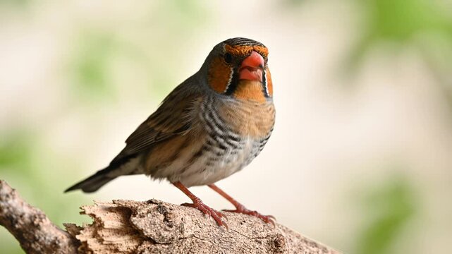Zebra Finch Perched on Branch, Turning Head in Natural Setting