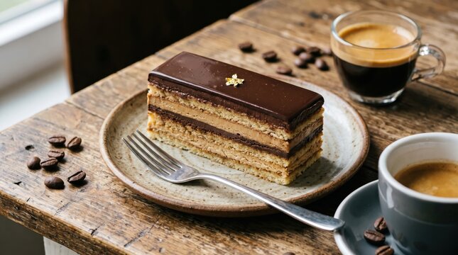 Opera cake slice with chocolate ganache and gold leaf on a plate