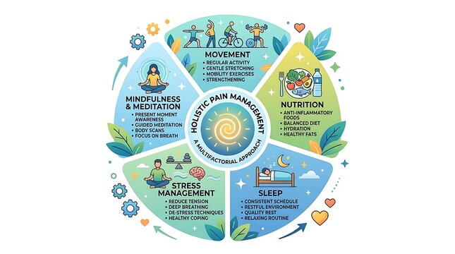 Holistic pain management infographic with wellness and health tips