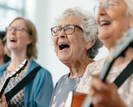 A group of seniors playing music and singing together, illustrating how creative activities and shared hobbies can foster social interaction and boost mood among the elderly