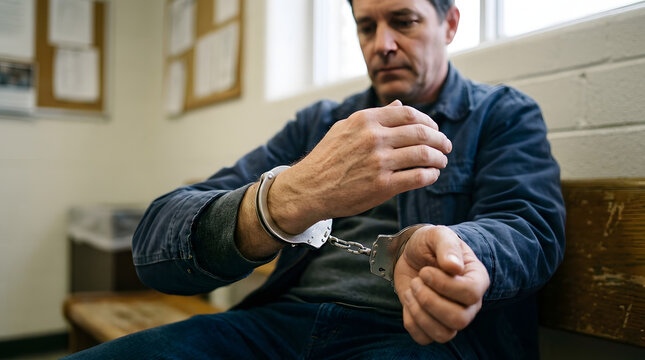 Adult male suspect in metal handcuffs sitting on a bench in a police station after criminal arrest