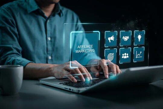 Businessman typing on a laptop, with glowing icons symbolizing affiliate marketing and business growth strategies.