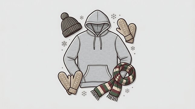 Warm winter clothing collection with gray hoodie and accessories