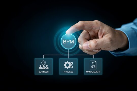 Hand touching a glowing bpm icon with connected icons for business, process, and management, illustrating business process optimization.