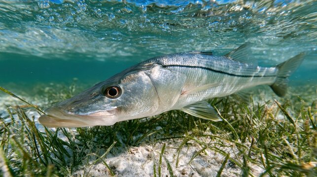 Common snook fish swimming in clear tropical coastal waters