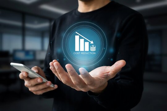Man holding a phone displays a digital graphic showing a downward trend and coins for cost reduction.