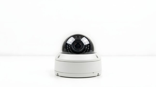 Dome security camera mounted on white surface in studio setting