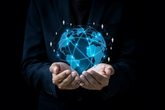 Man's hands cradle a glowing blue digital globe connected by lines and small human icons around it.