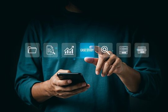 Person holding a smartphone while touching a 'case study' icon on a digital interface surrounded by relevant business-related icons.
