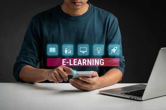 Person uses a smartphone to interact with a digital calendar icon within a circular arrangement of business icons.