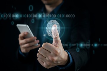 Obraz premium Thumb shows a glowing fingerprint scan on a phone with binary code in the background.