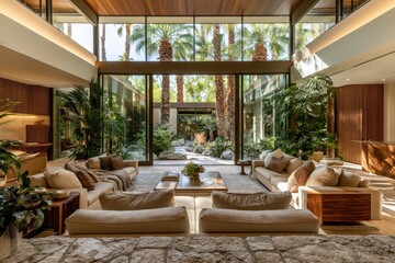 Fototapeta premium Cozy modern living with expansive glass walls opening to a tropical courtyard