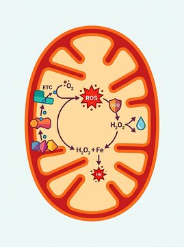 Mitochondrial oxidative stress and chemical reaction pathway diagram