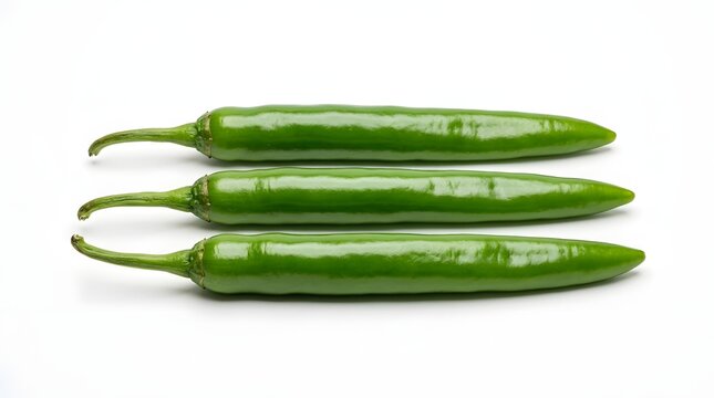 Three green chili peppers lying horizontally on a white background
