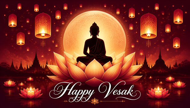 Happy Vesak day. Vector illustration greeting card. Lanterns and Lotus flower with buddhas silhouette